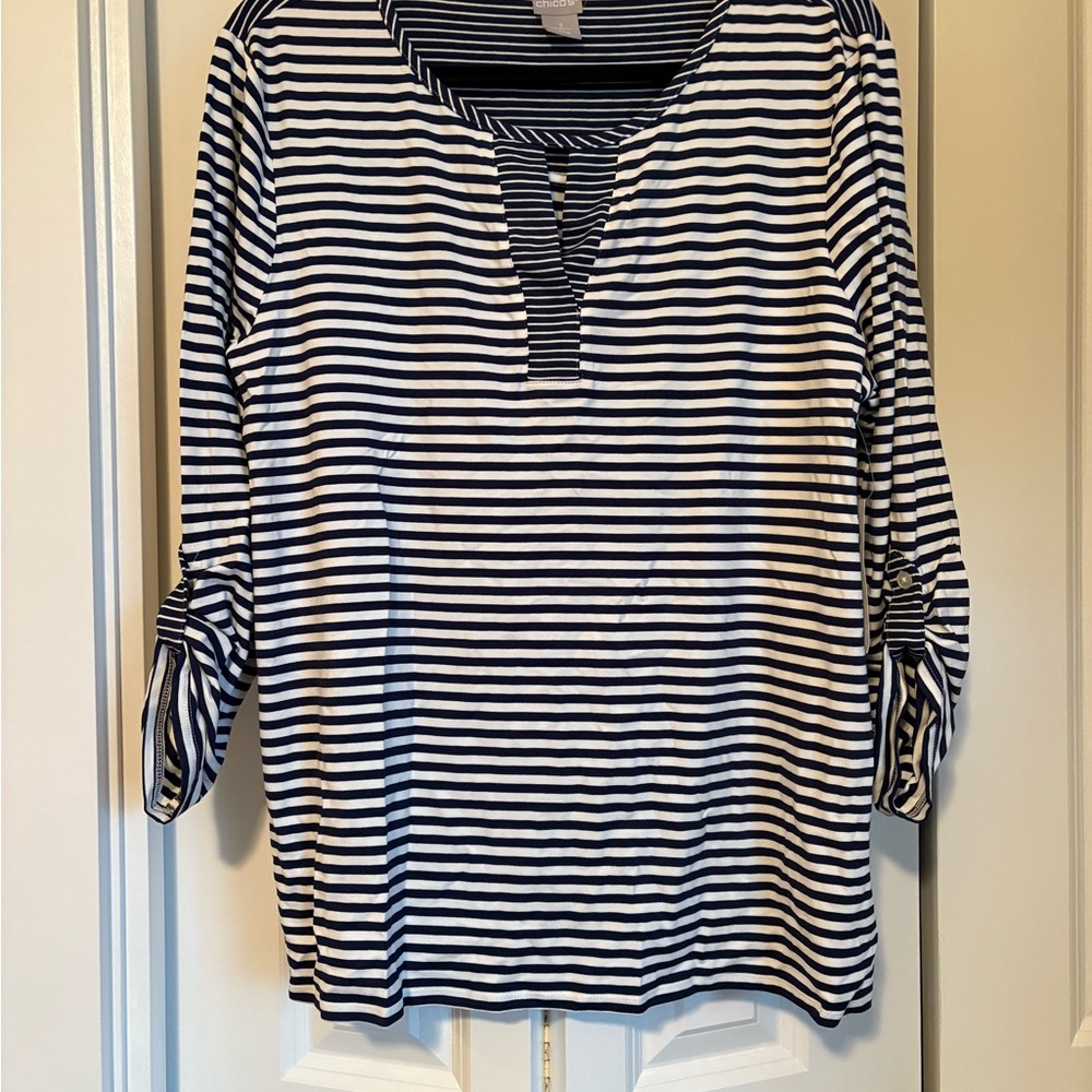 Chico's White and Blue Buttoned Polo Blouse